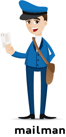 Hình minh họa một người đưa thư mặc đồng phục đeo túi đựng thư và cầm một lá thư trên tay.