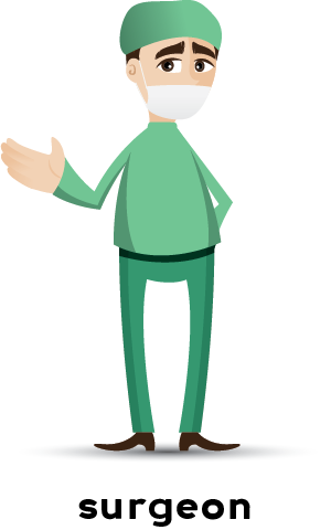 Hình minh họa của một bác sĩ phẫu thuật đeo khăn tẩy tế bào chết màu xanh lá cây và đeo mặt nạ.