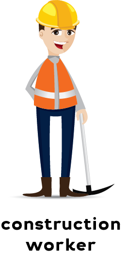 Hình minh họa một công nhân xây dựng mặc áo bảo hộ màu cam và mũ cứng màu vàng cầm một công cụ.